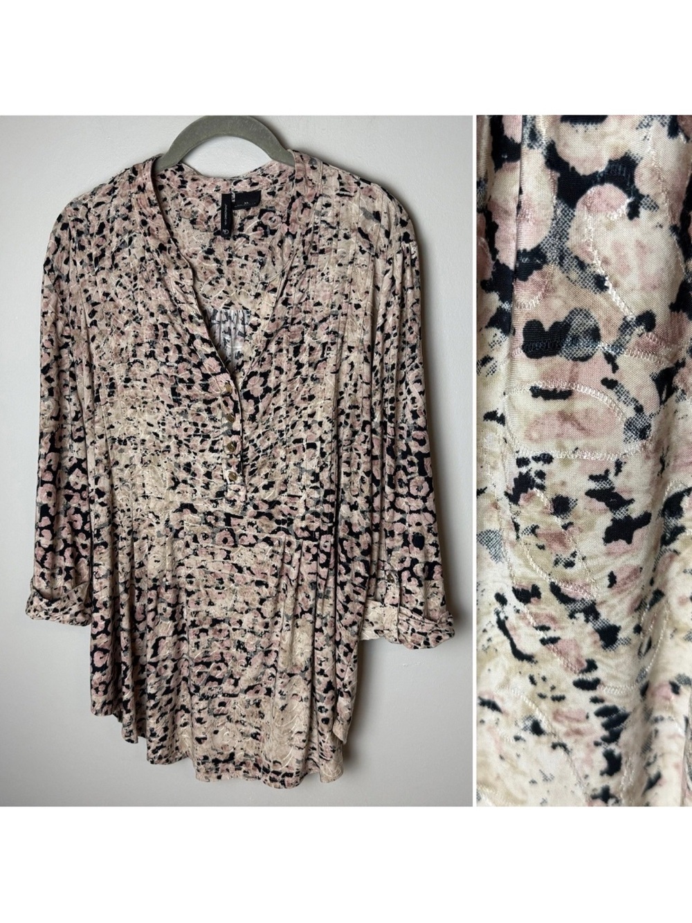 New Directions Tunic Top Size XL Leopard Animal Print Stretch Blush Pink Black